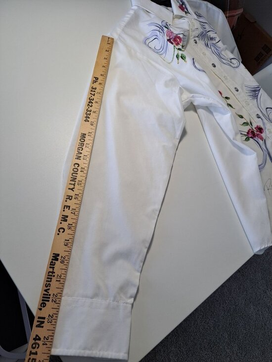 Hand-Painted Creative Artwear White Button-Up Shirt  Floral  Bird Women's Med - Picture 11 of 12